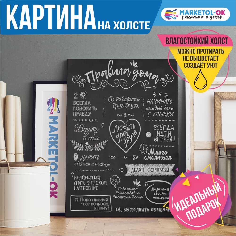 Картина / постер мотиватор на холсте "Правила дома 1" / Печать на холсте