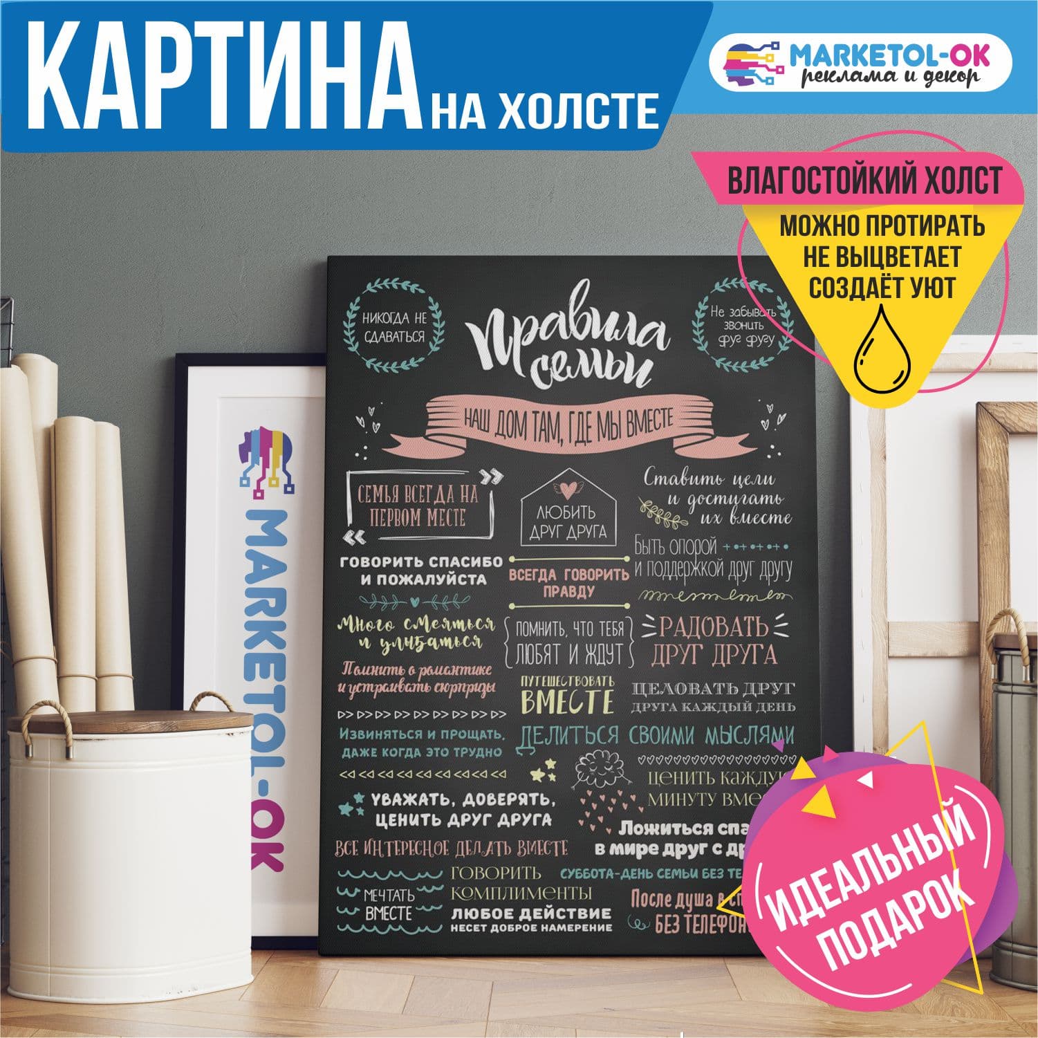 Картина / постер мотиватор на холсте "Правила семьи 6" / Печать на холсте