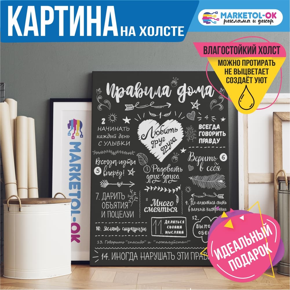 Картина / постер мотиватор на холсте "Правила дома 2" / Печать на холсте